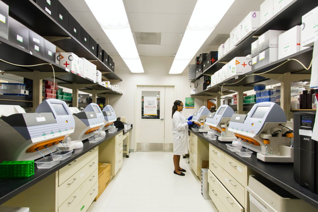 Photo of scientists in medical testing lab