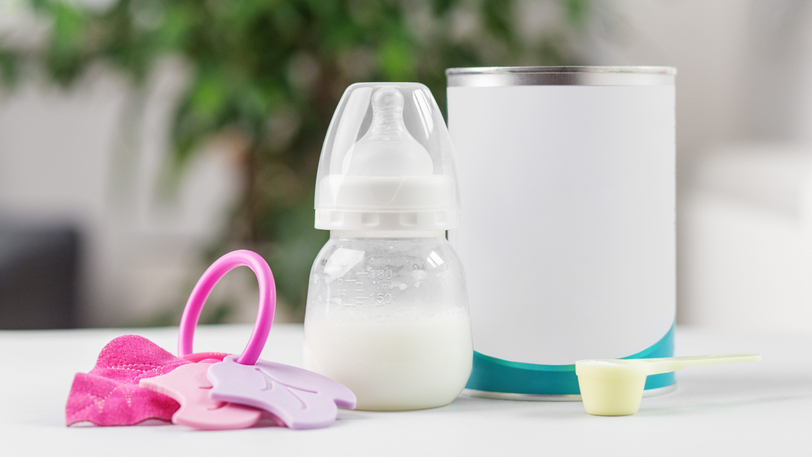 Photo of dry infant formula with filled bottle