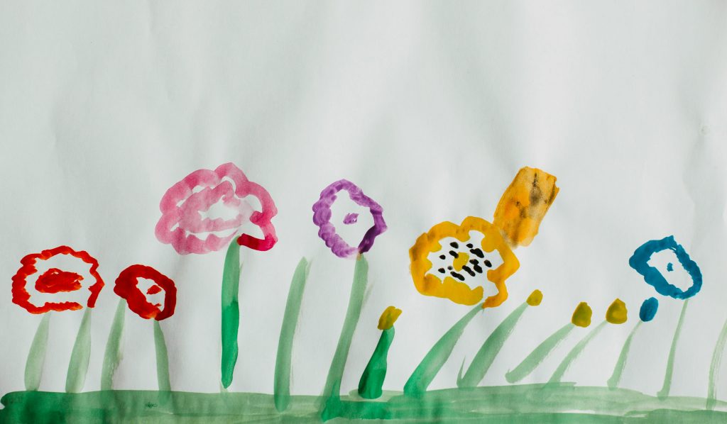 Child's watercolor picture of flower garden